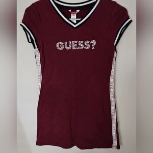 Guess Girls Wine V-Neck Crystal Logo Tee with Striped Trim